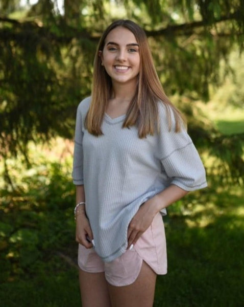 MEROKEETY Waffle Knit V-neck Loose Top