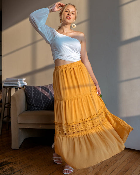 MEROKEETY High Waist Lace Trim Tiered Pleated Skirt