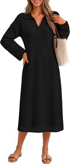 MEROKEETY Womens Long Sleeve V Neck T Shirt Sweater Dress