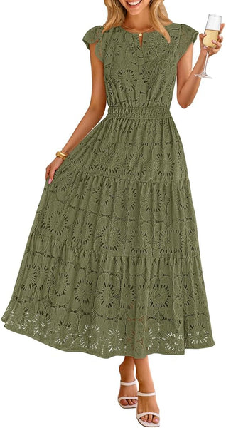 MEROKEETY Women's 2026 Spring Boho Lace Eyelet Maxi Dress Summer Flutter Sleeve Tiered Flowy Floral Beach Party Dresses, Pink, Small