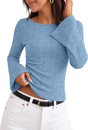 MEROKEETY Womens Fall Long Bell Sleeve T Shirt 2026 Trendy Dressy Casual Boat Neck Texture Fitted Tops Fashion Blouse Clothes
