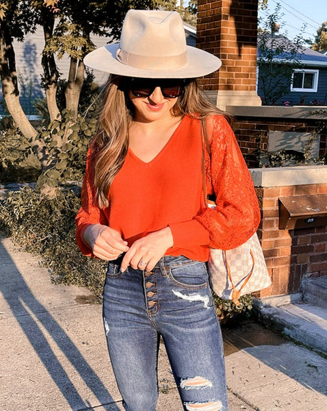 MEROKEETY Lace Long Sleeve Ribbed Knit Sweater
