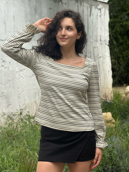 MEROKEETY Square Neck Striped Shirt Puff Casual Loose Tops