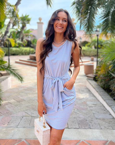 MEROKEETY Sleeveless Tie Waist Striped Shirt Dress
