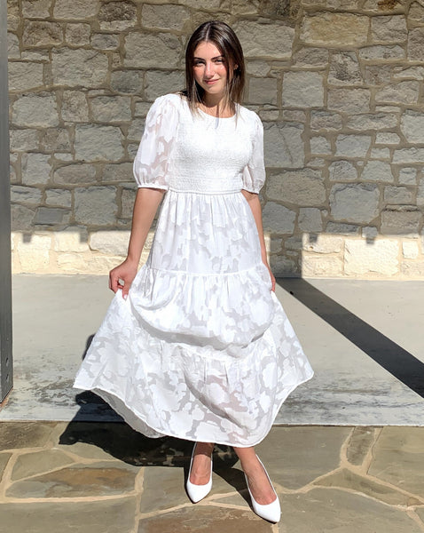 MEROKEETY Puff Sleeve Smocked Floral Lace Midi Dress