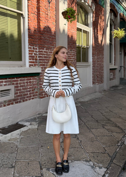 MEROKEETY Striped Button Crewneck Fall Bodycon Formal Dresses
