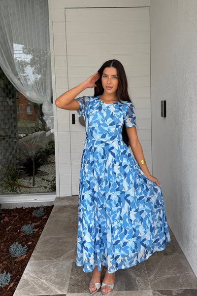 MEROKEETY Spring Mesh Short Sleeve Flowy Wedding Guest Beach Long Dresses