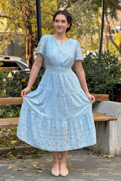 MEROKEETY Boho Eyelet Hollow Out Lace A Line Tiered Flowy Dresses