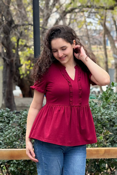 MEROKEETY Babydoll Ruffle Short Sleeve V Neck T Shirts Peplum Tunic Blouse