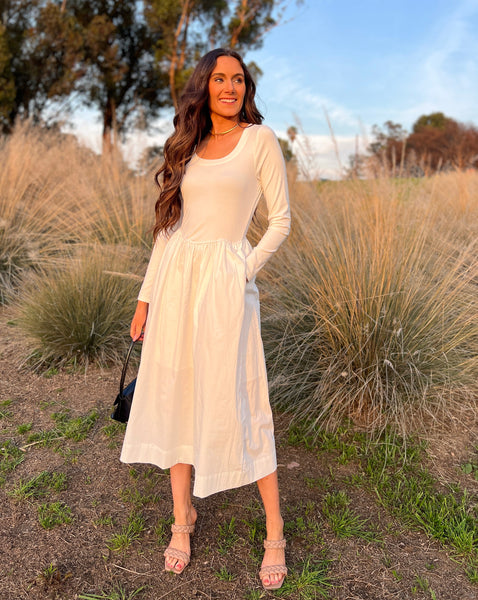 MEROKEETY Long Sleeve Scoop Neck Pleated Swing Midi Dress