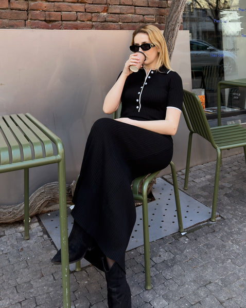 MEROKEETY Button Short Sleeve V Neck Ribbed Knit Maxi Dress