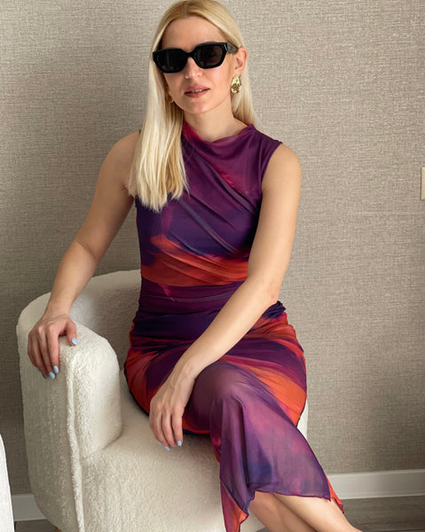 MEROKEETY Crew Neck Sleeveless Mesh Tie Dye Maxi Dress