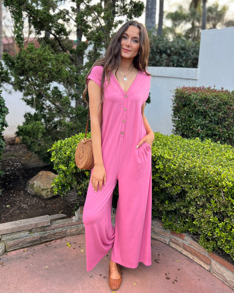 MEROKEETY Deep V Neck Button Wide Leg Pants Jumpsuit