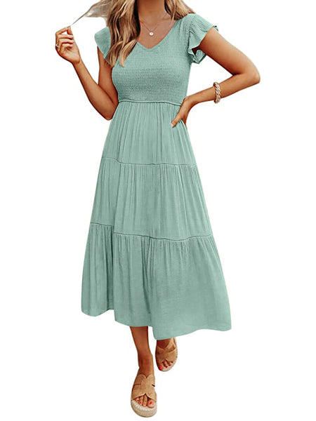 MEROKEETY Flutter Sleeve V Neck Smocked Tiered Midi Dress