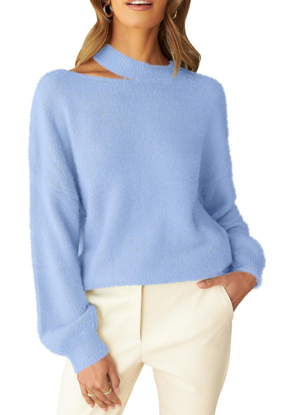 MEROKEETY Lantern Sleeve Halter Neck Cutout Fuzzy Sweater