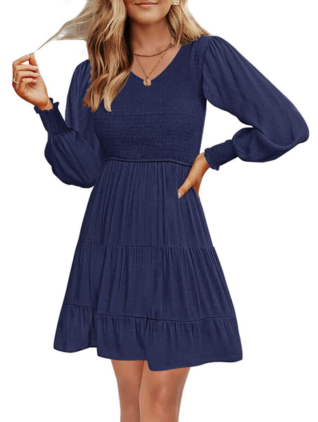 MEROKEETY Long Sleeve V Neck Smocked Tiered Mini Dress