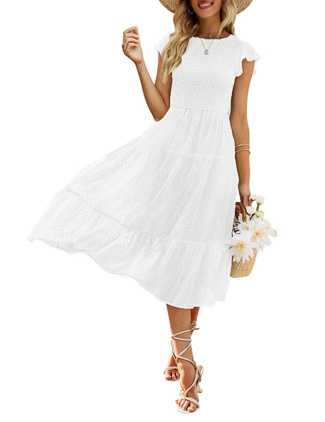MEROKEETY Swiss Dot Flutter Sleeve Smocked Midi Dress