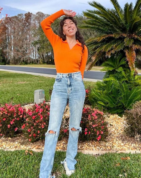 MEROKEETY V Neck Long Sleeve Fitted Ribbed Knit Top
