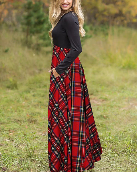 MEROKEETY Plaid Empire Waist Maxi Dress