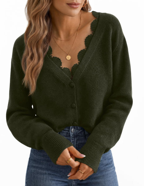 MEROKEETY Womens Lace V Neck Cardigan Sweaters Fall Trendy Fashion