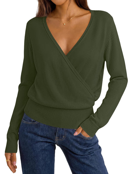 MEROKEETY 2026 Fall V Neck Wrap Sweaters for Women Knit Tops