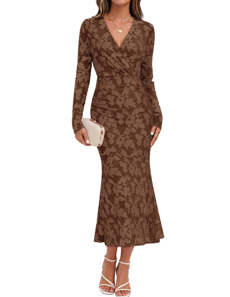 MEROKEETY Women's Fall Long Sleeve Wrap V Neck Floral Maxi Dress