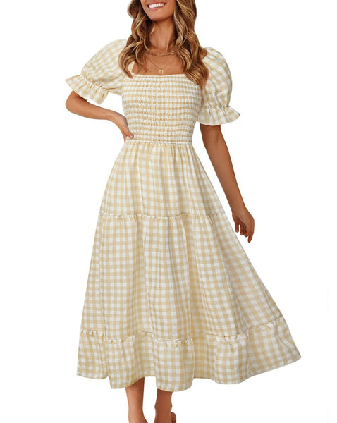 MEROKEETY Plaid Square Neck Puff Sleeve Midi Dress