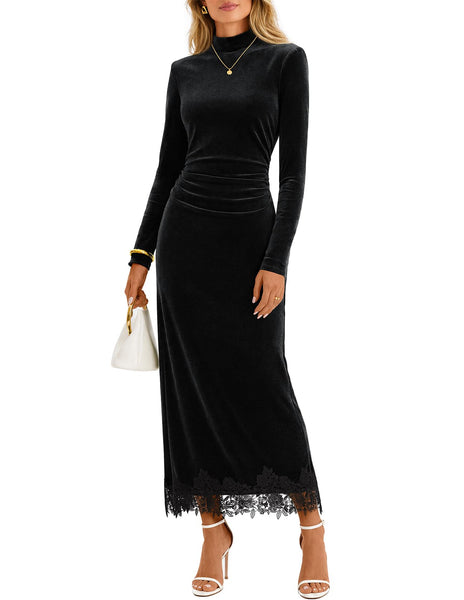 MEROKEETY Women's Long Sleeve Velvet Lace Wedding Guest Cocktail Dress Fall Mock Neck Ruched Back Slit Formal Maxi Dresses