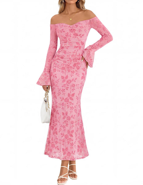 MEROKEETY Women's Off The Shoulder Bodycon Fall Maxi Dress