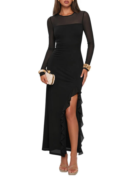 MEROKEETY Women's Fall Mesh Wedding Guest Cocktail Maxi Dress