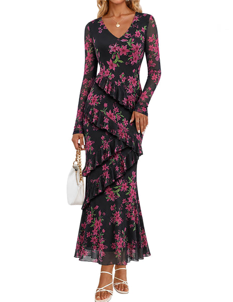 MEROKEETY Women Fall Floral Long Sleeve Bodycon Maxi Dress
