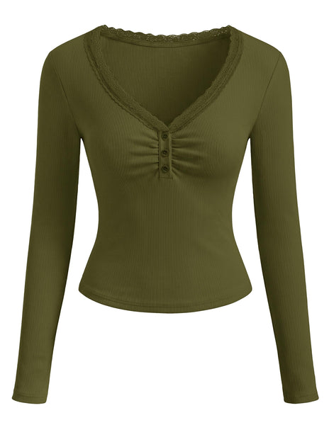 MEROKEETY Womens V Neck Lace Trim Cute Button Top