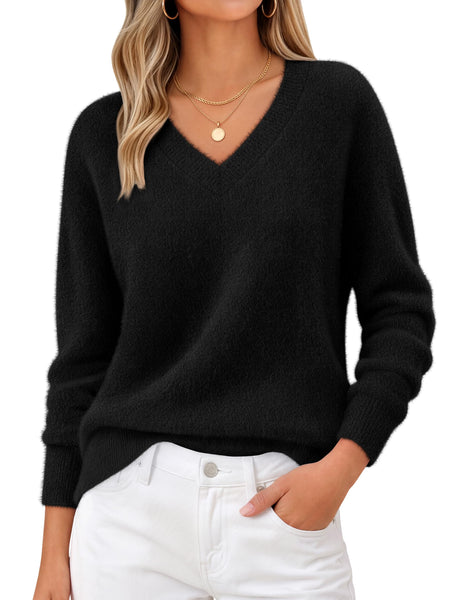 Merokeety Womens Fall V Neck Fuzzy Long Sleeve Sweaters
