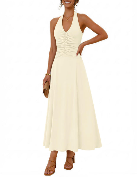 MEROKEETY Women's Formal Halter Maxi Dress 2026 Summer Backless Sleeveless V Neck Ruched Cocktail Wedding Guest Dresses