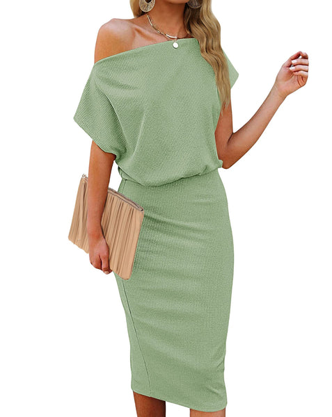 MEROKEETY Off Shoulder Ribbed Bodycon Midi Dress