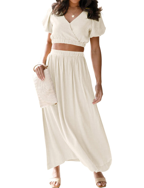 MEROKEETY V Neck Crop Top Maxi Skirt Set