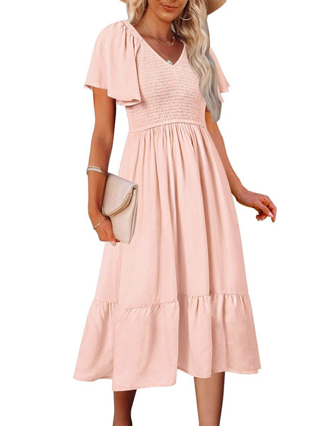MEROKEETY Flutter Short Sleeve Smocked Tiered Dress