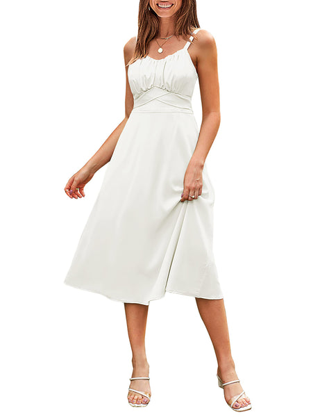 MEROKEETY Backless Tie Back Party Spaghetti Midi Dress