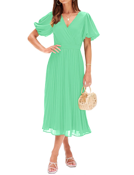 MEROKEETY Wrap V Neck Short Sleeve Pleated Maxi Dress