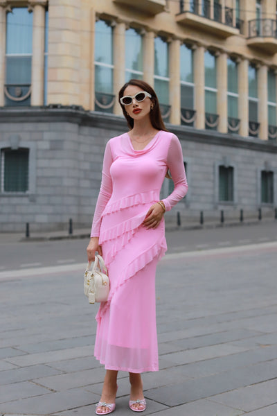 MEROKEETY Bodycon Cowl Neck Mesh Ruffle Wedding Guest Dresses